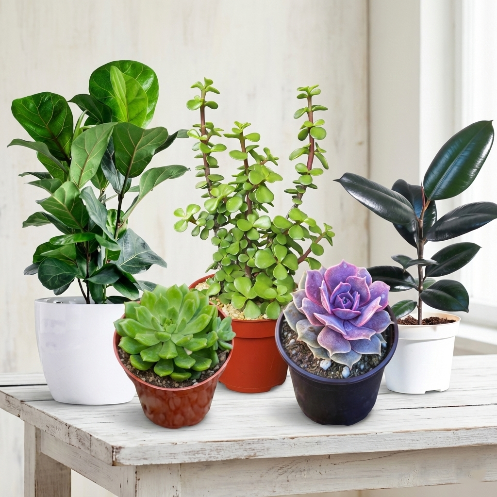 Jade Green + Rubber Green + Green Succulent + Fiddle-leaf Fig + Pink Succulent Indoor Air Purifying Plant with Free Premium Quality Pot
