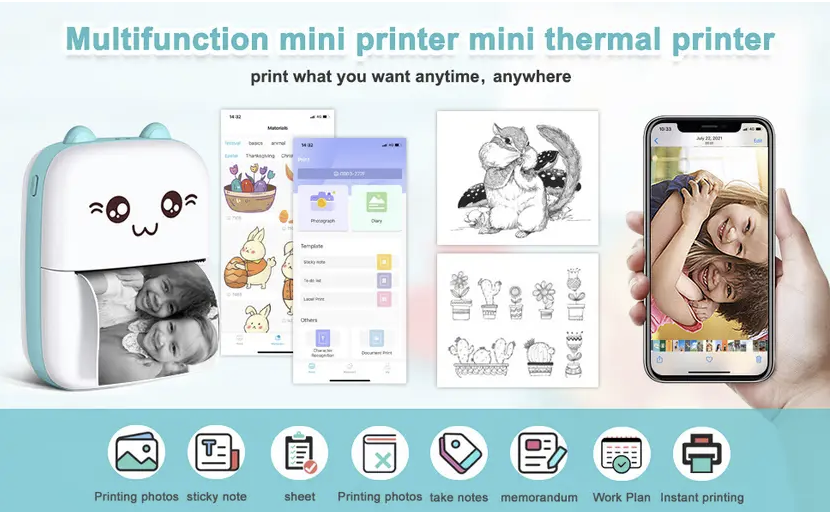 Bekaboo Mini Thermal Pocket Printer, Ink-free Mobile Office, Print Labels, Pictures Black & White Thermal Print