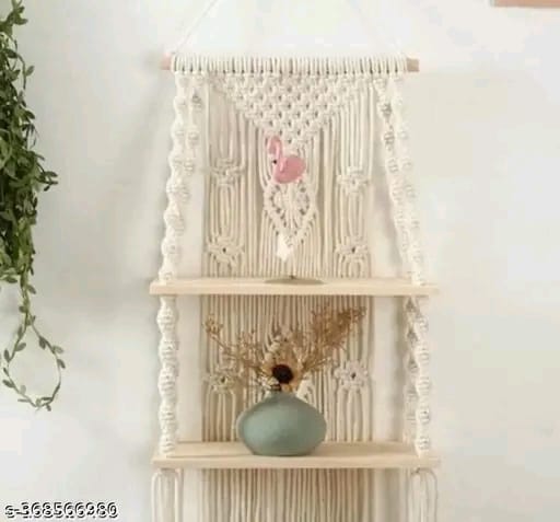 Urban Hanging Shelf | Macrame Wall Hanging Shelf | Living Room Wall Decor | Sustainable Floating Macrame Wooden Shelf | Macrame Shelf for Hanging Plant (White)