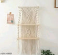 Urban Hanging Shelf | Macrame Wall Hanging Shelf | Living Room Wall Decor | Sustainable Floating Macrame Wooden Shelf | Macrame Shelf for Hanging Plant (White)