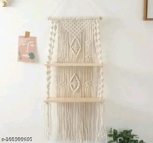 Urban Hanging Shelf | Macrame Wall Hanging Shelf | Living Room Wall Decor | Sustainable Floating Macrame Wooden Shelf | Macrame Shelf for Hanging Plant (White)